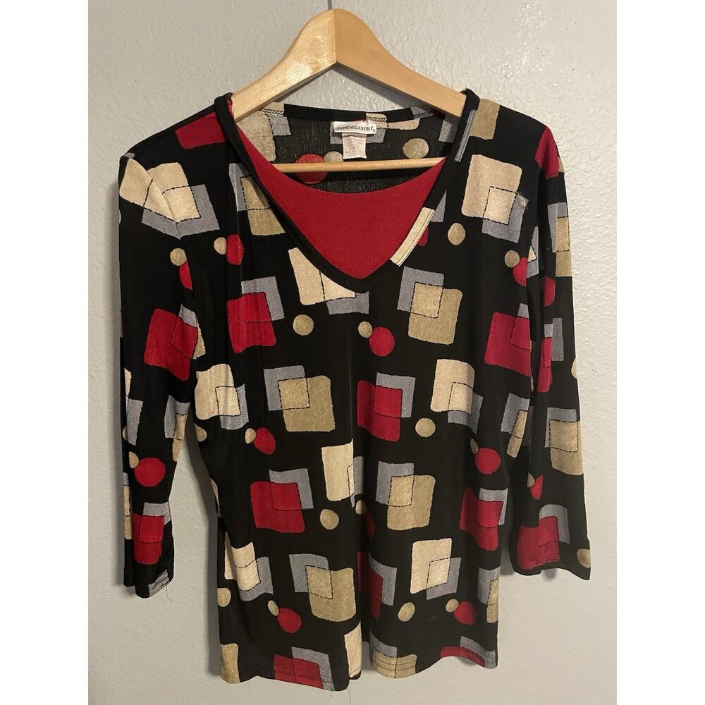 Vintage Tape Measure Women Top Large Abstract Print Stretch 3/4 Sleeve Artsy Y2K